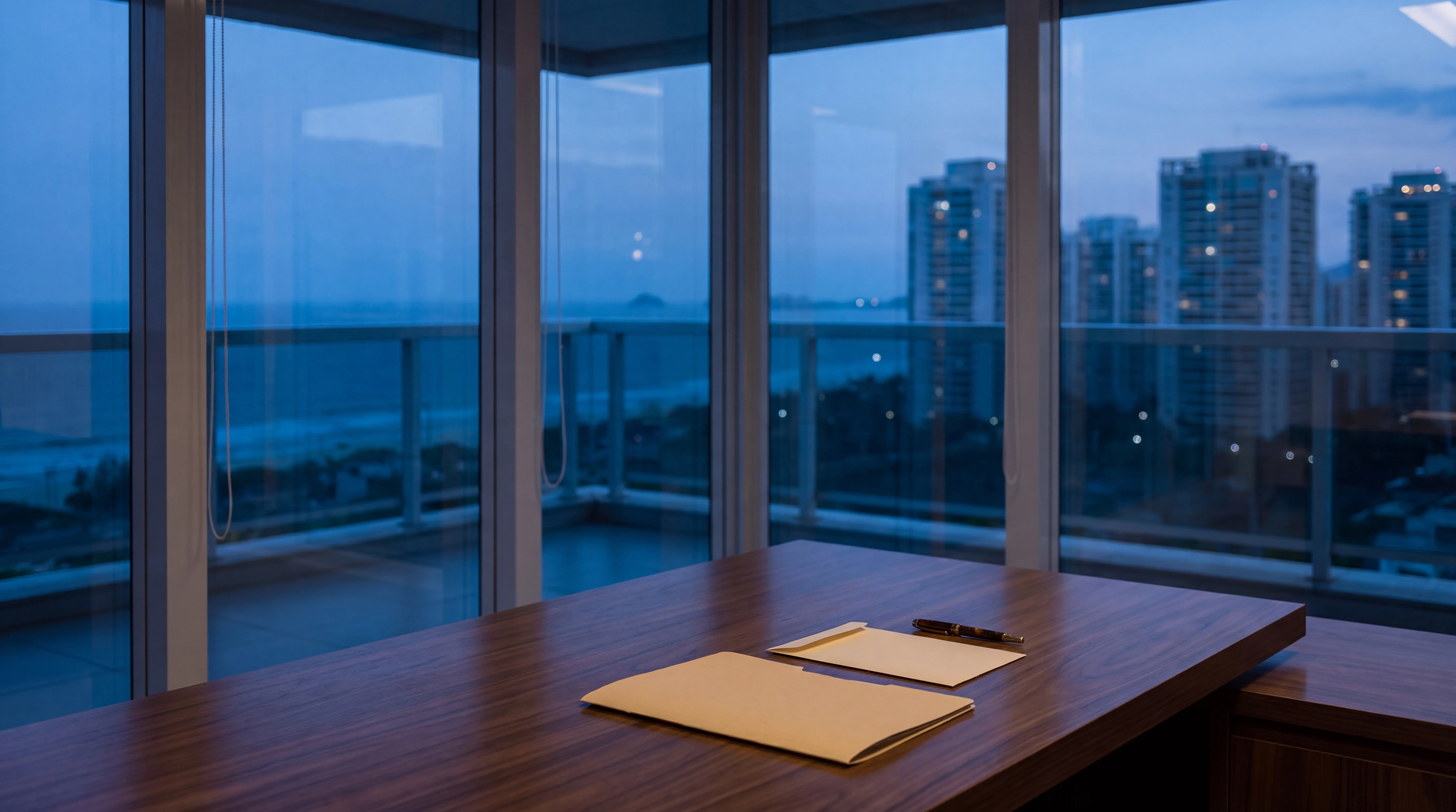 Mesa de escritório na Barra da Tijuca ao anoitecer, com pasta de contrato e envelope sobre a madeira e as torres à beira-mar ao fundo.