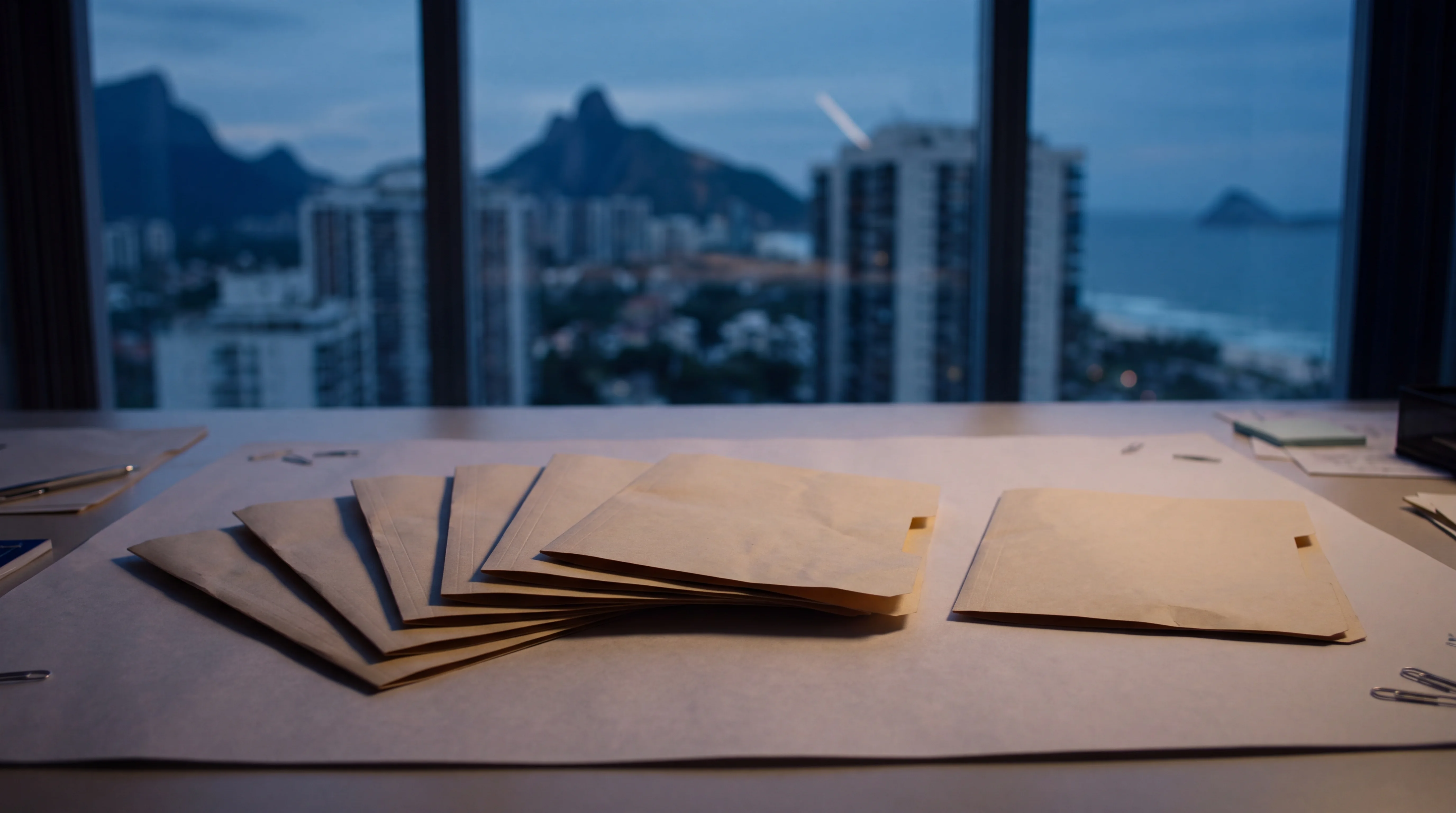 Pacote de pastas manila iguais sobre a mesa e uma pasta à parte, com o Pão de Açúcar ao fundo, ilustrando o agrupamento de contratos pequenos.