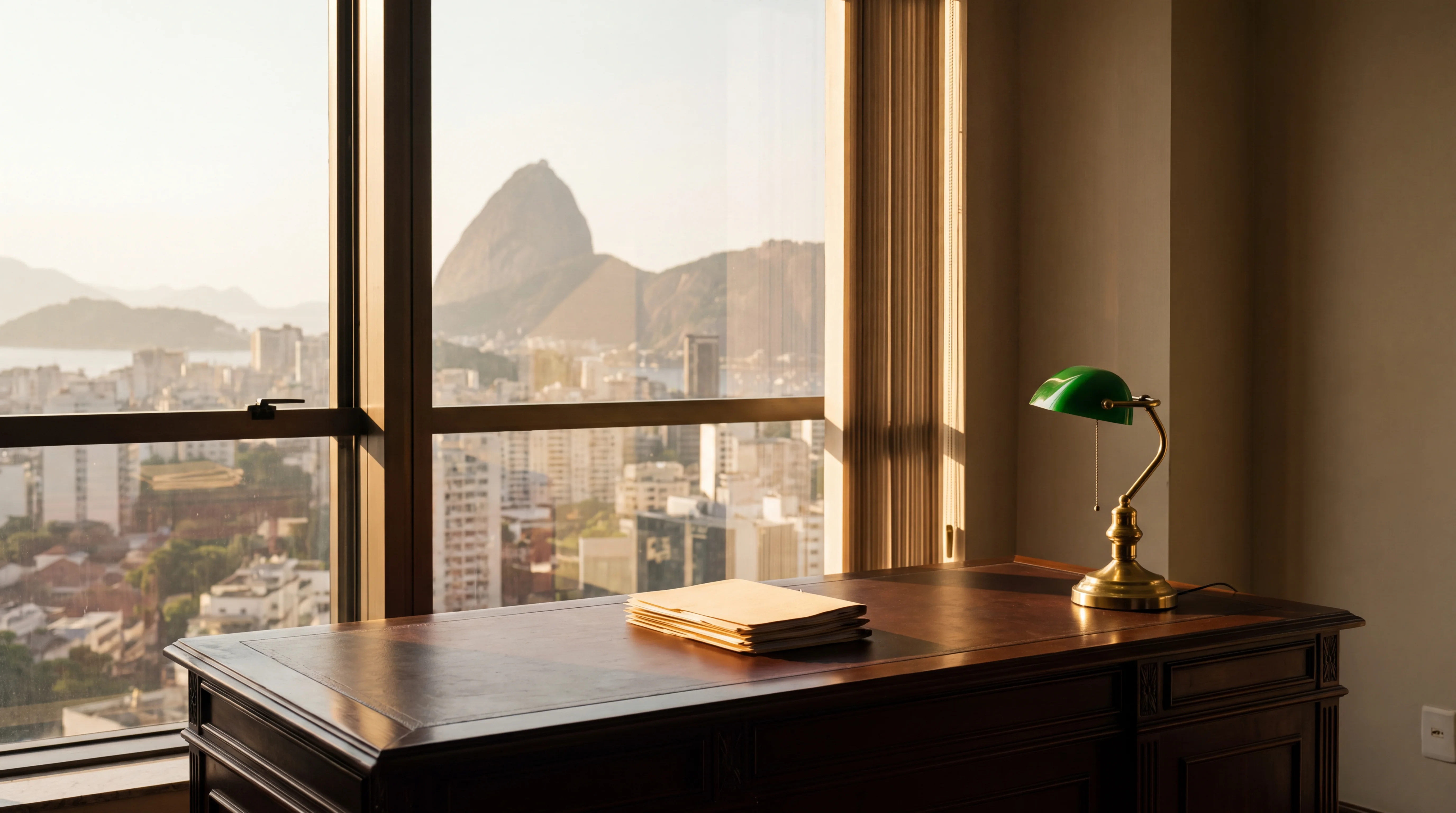 Escrivaninha de escritório de advocacia com pasta e luminária, Pão de Açúcar ao fundo.