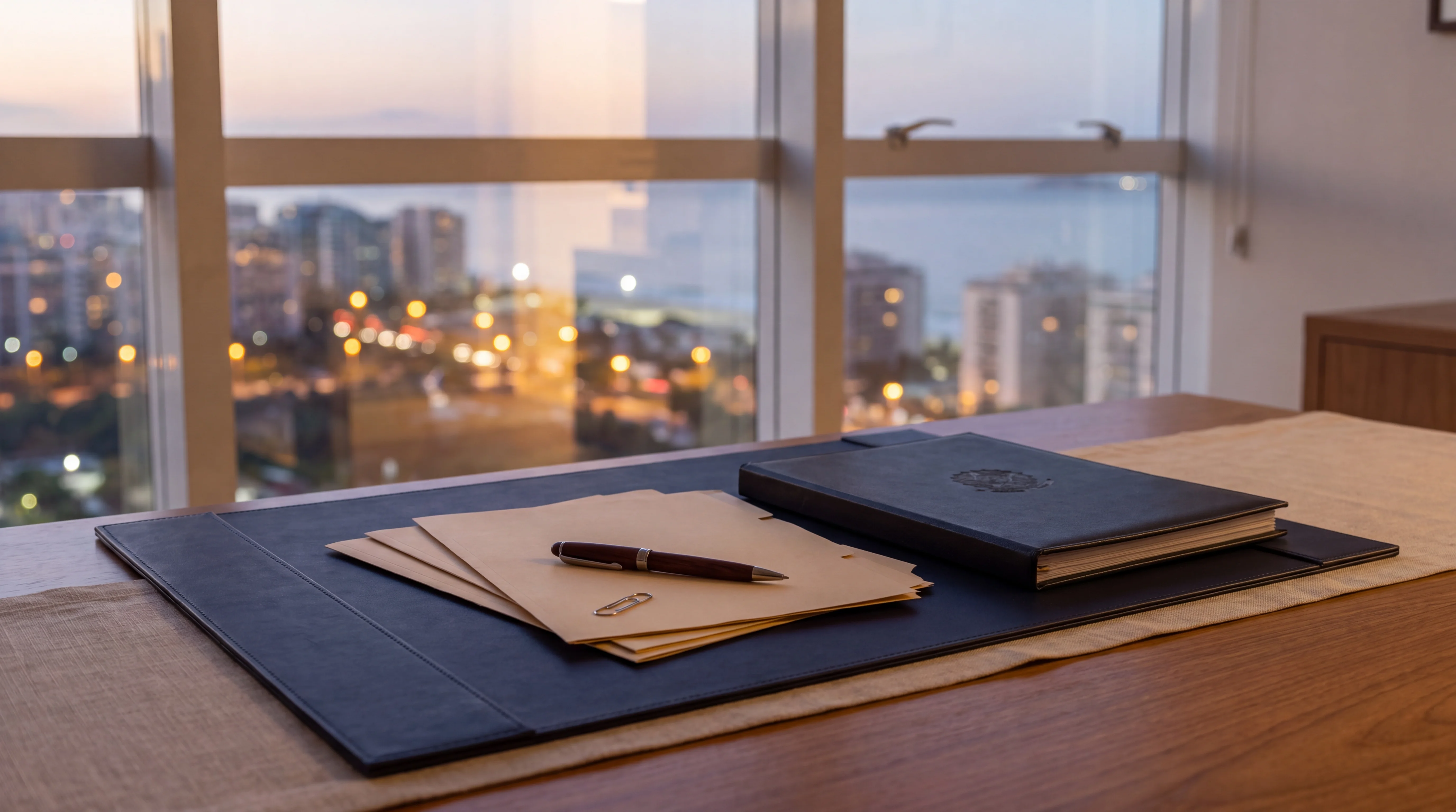 Envelopes, caneta e pasta fechada sobre blotter navy em escritório da Barra da Tijuca ao entardecer.