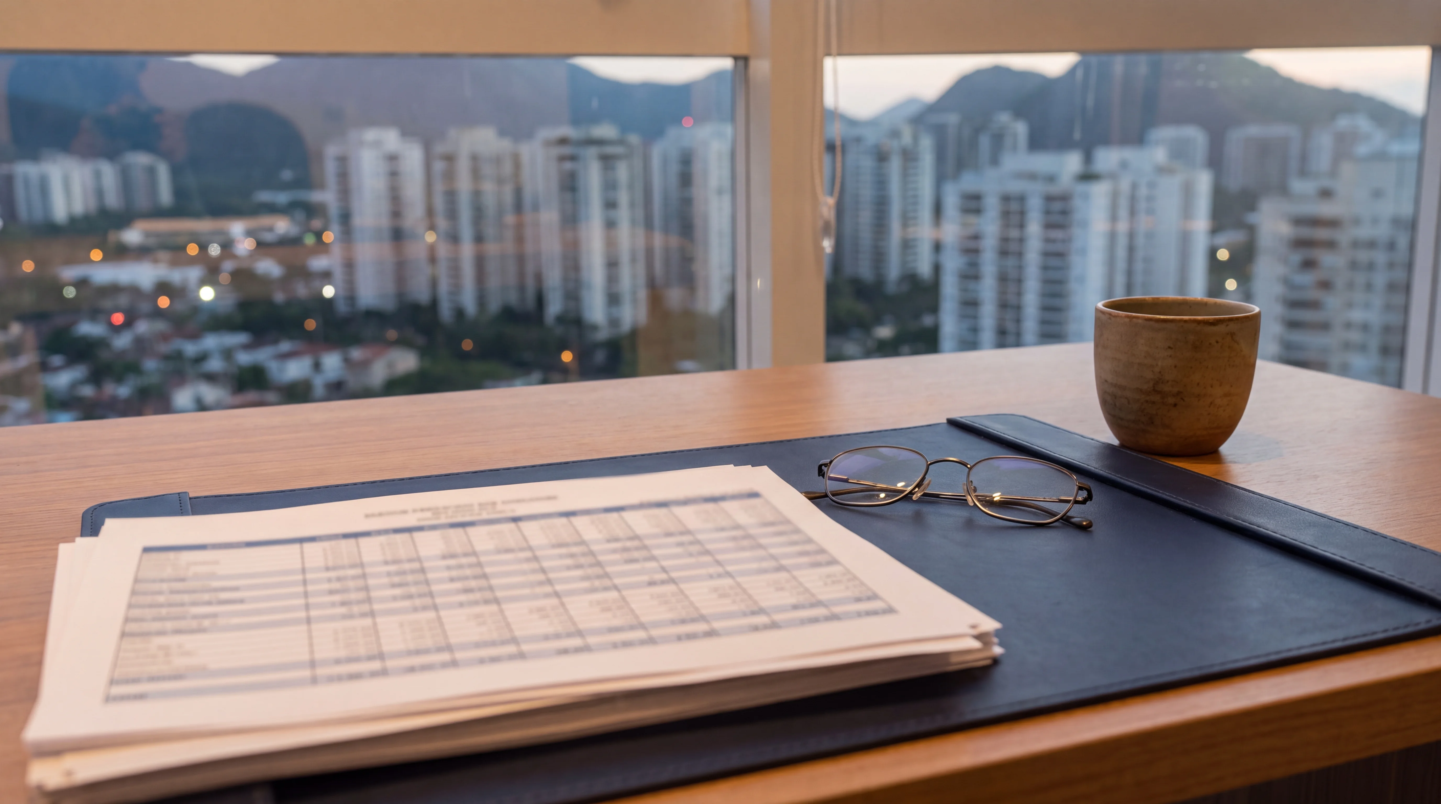 Planilha de custos, óculos e xícara sobre mesa clara, com a vista da Barra da Tijuca ao fundo.