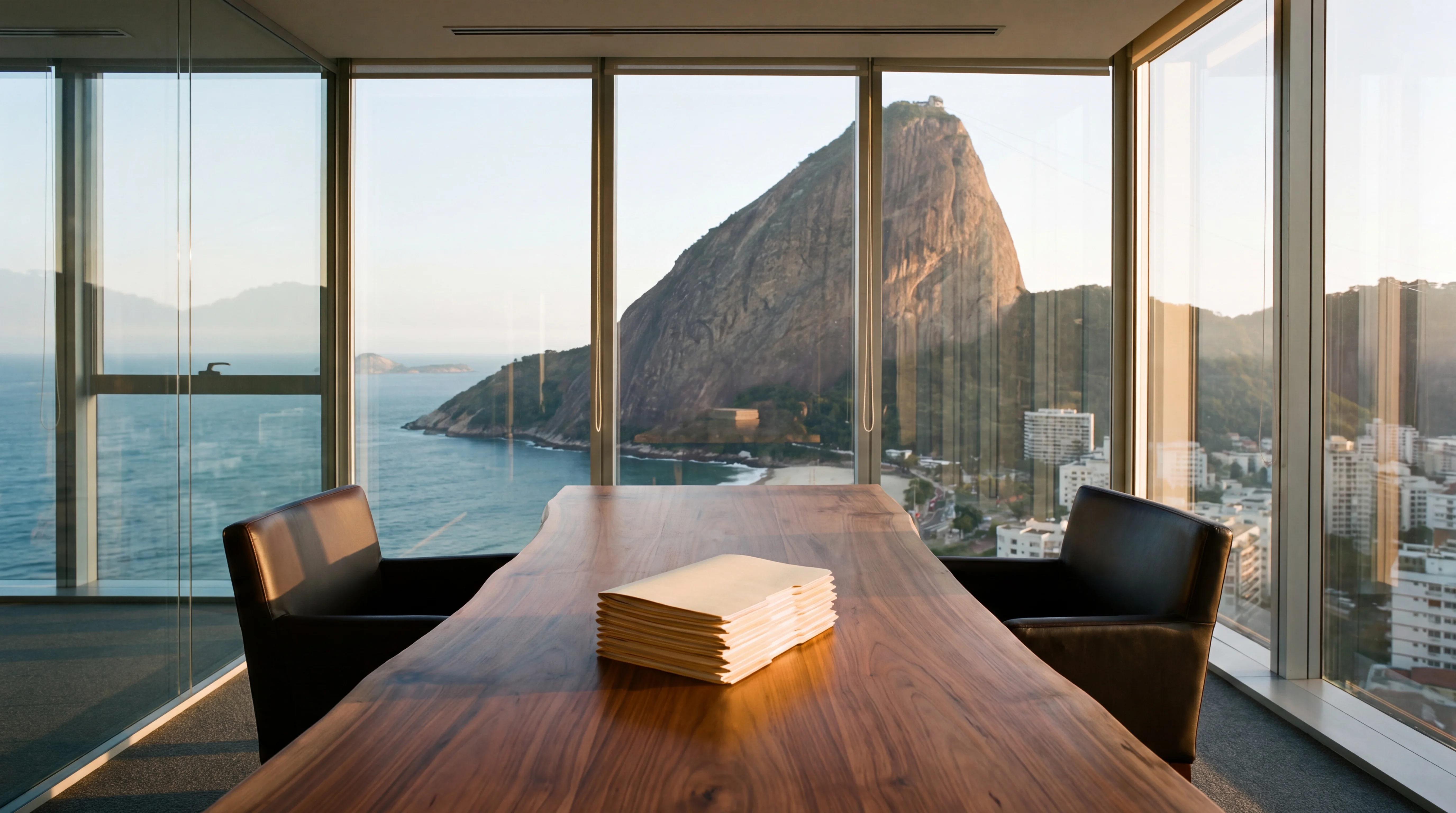 Sala de reunião vazia no Rio, duas cadeiras e uma pilha de contratos sobre a mesa, com o Pão de Açúcar e a praia na janela.