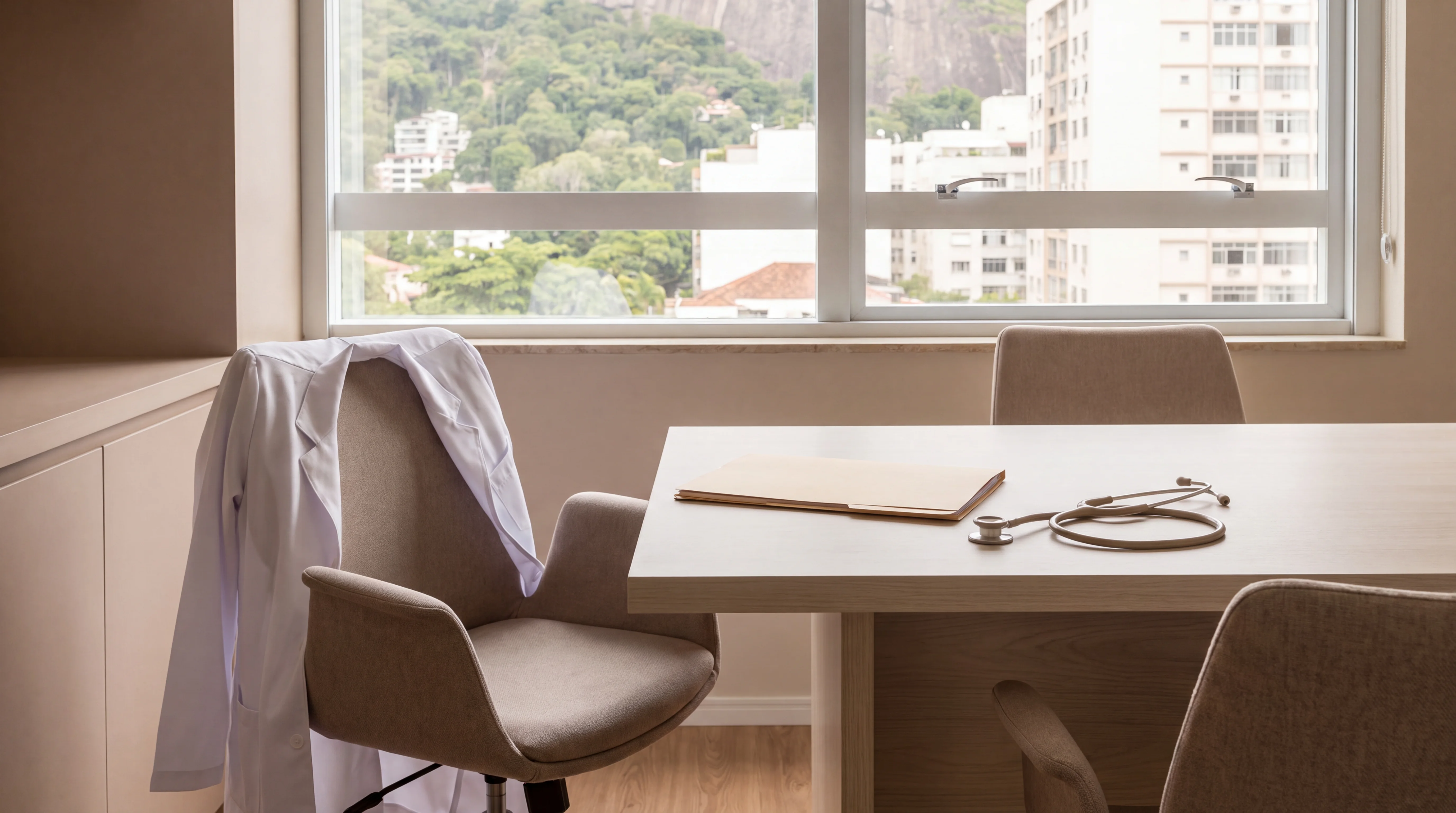 Consultório vazio no Rio, jaleco na cadeira, pasta e estetoscópio sobre a mesa, morro verde na janela.