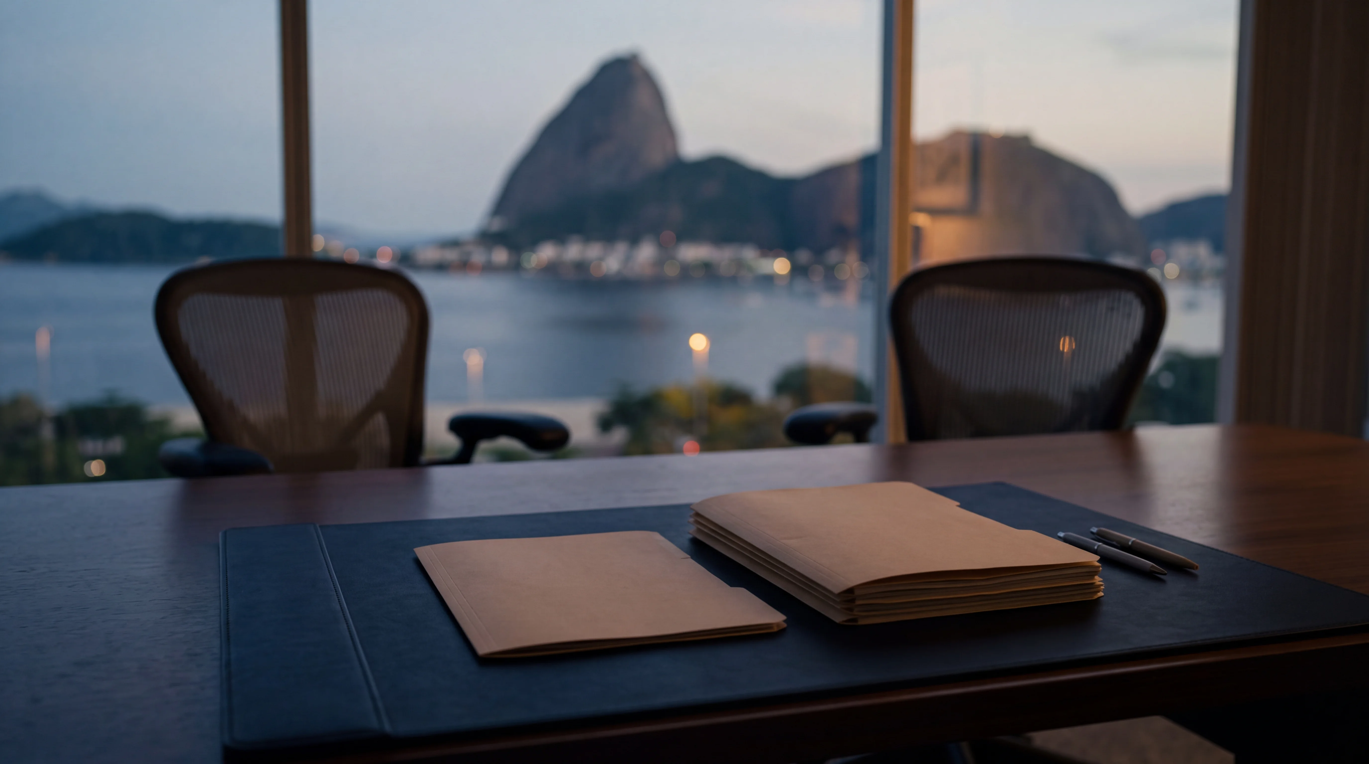 Duas pastas sobre a mesa — uma fina e outra mais espessa — com o Pão de Açúcar ao fundo, sugerindo a troca do individual pelo empresarial.