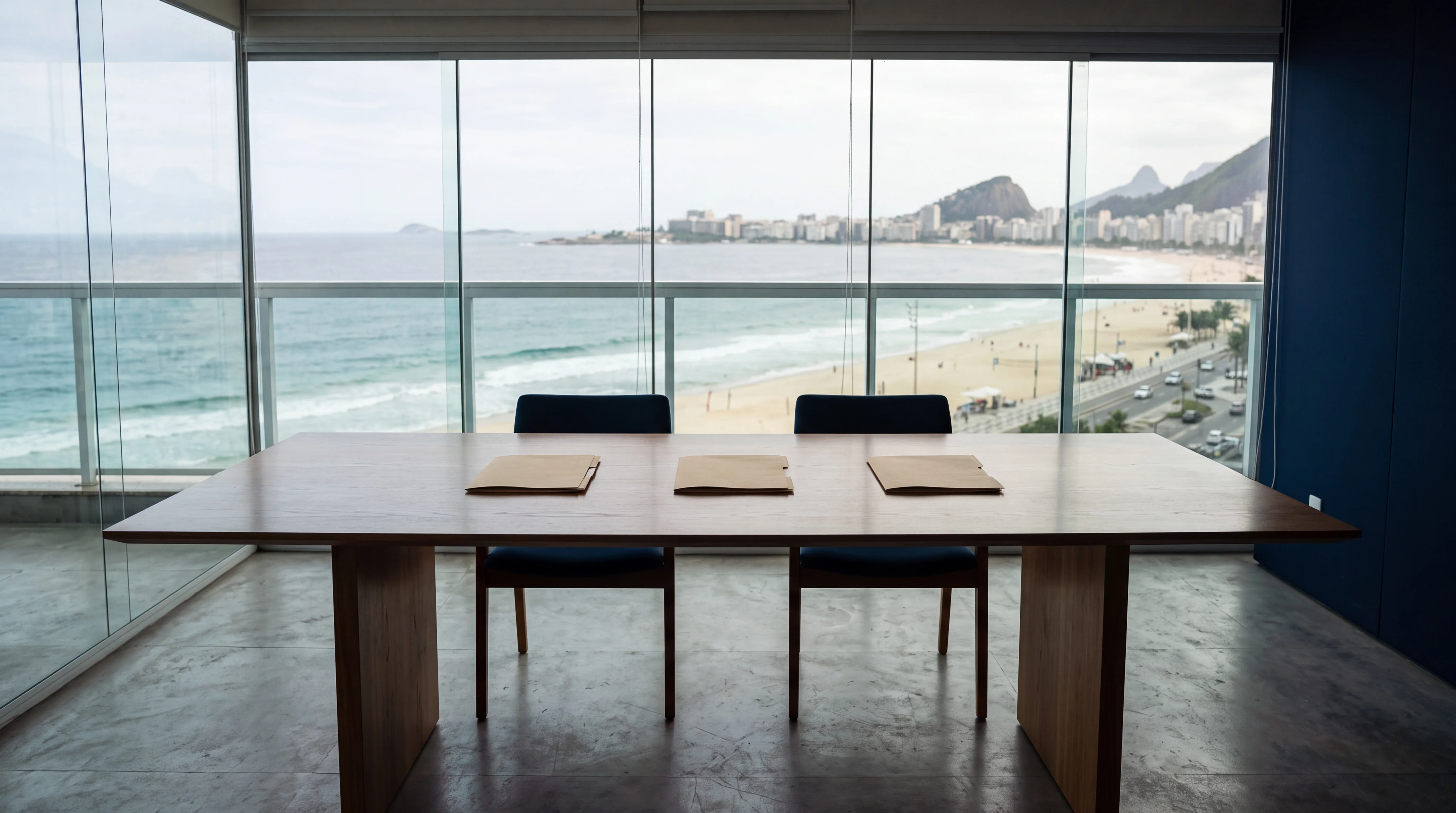 Sala de reunião vazia no Rio, três pastas alinhadas na mesa e a praia com o Pão de Açúcar na janela.