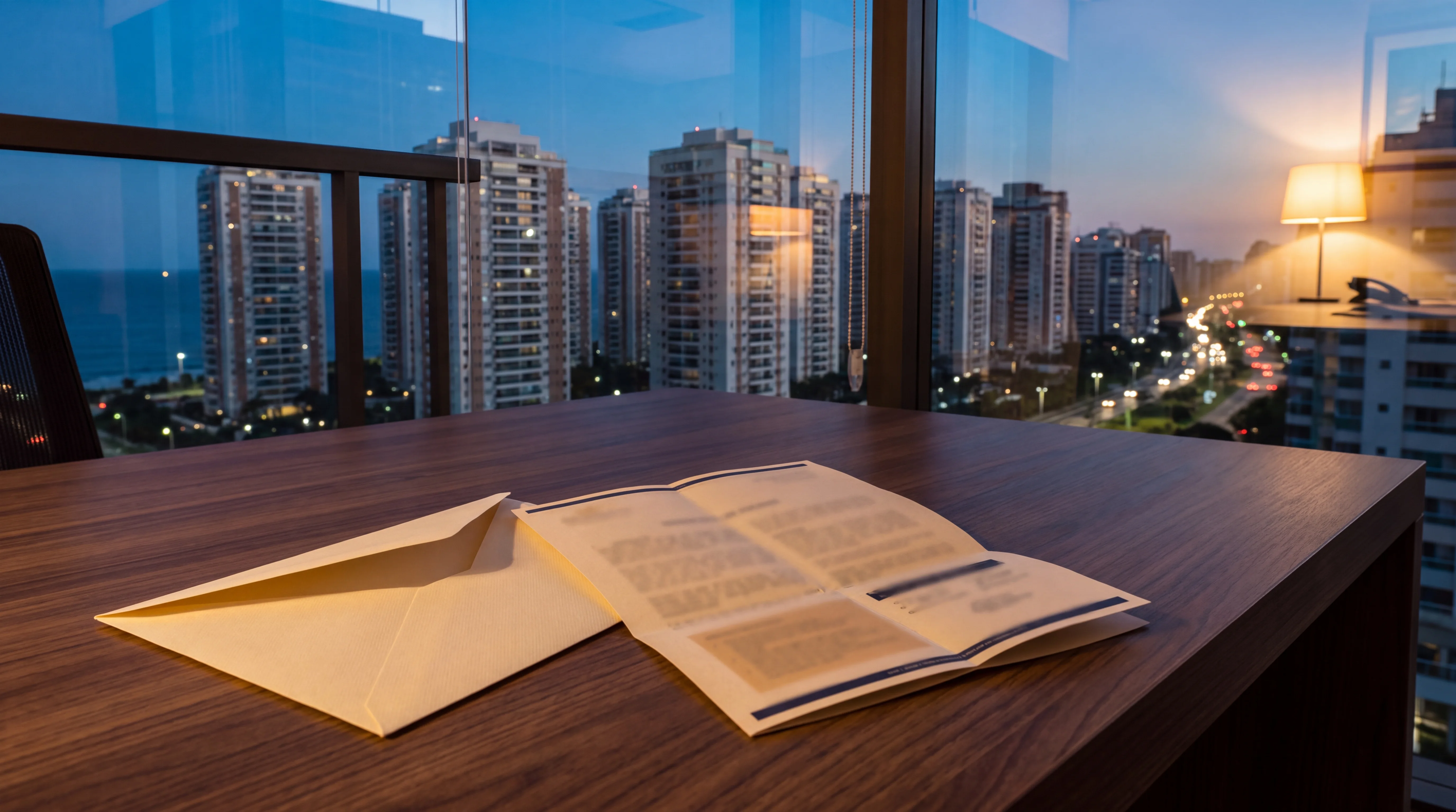 Carta de reajuste e envelope aberto sobre mesa de escritório na Barra da Tijuca ao anoitecer, com as torres à beira-mar ao fundo.